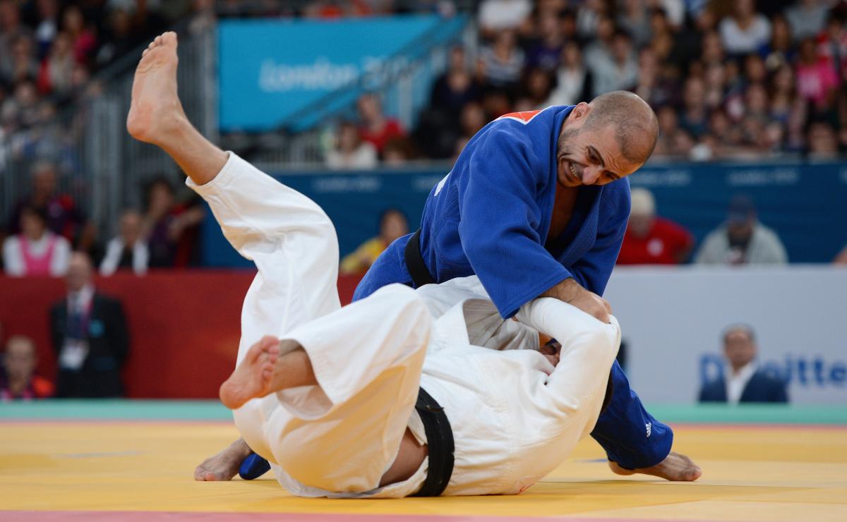 Two men practising judo