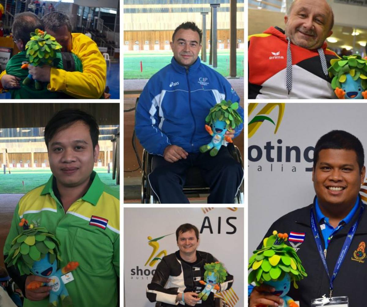 Shooting montage Sydney 2015 A group of shooters hang-out with Rio 2016 mascot Tom