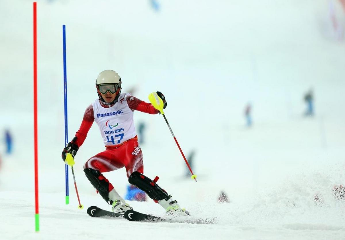 Robin Cuche of Switzerland competes in the Men's Slalom 2nd Run - Standing at the Sochi 2014 Paralympic Winter Games.