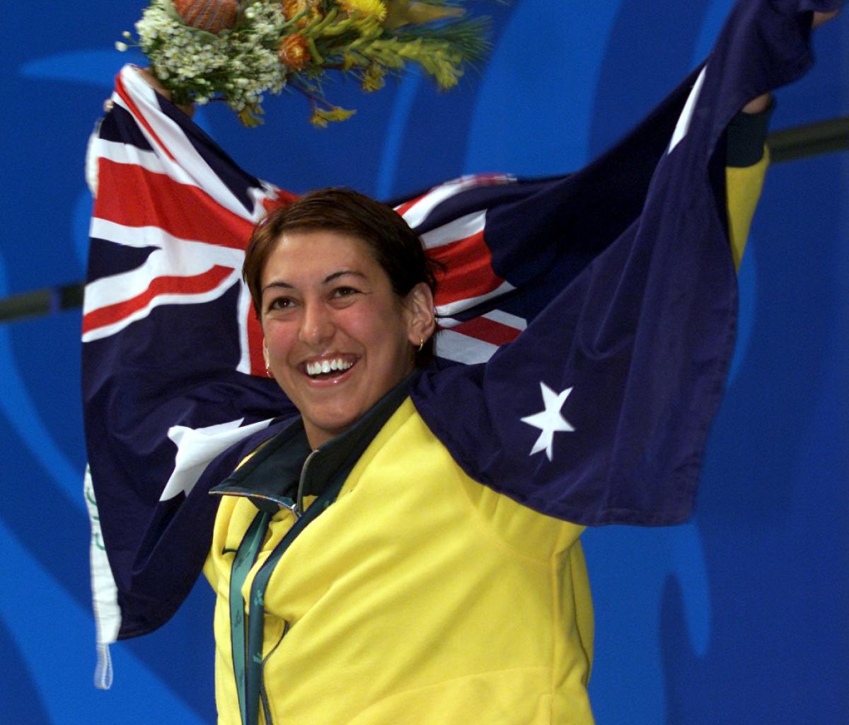 Priya Cooper Sydney 2000 An Australian swimmer celebrates winning a gold medal at the Sydney 2000 Paralympic Games.
