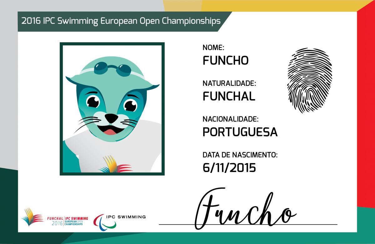 Funcho - Funchal 2016 mascot - IPC Swimming European Open Championships Graphic showing a picture of a signed