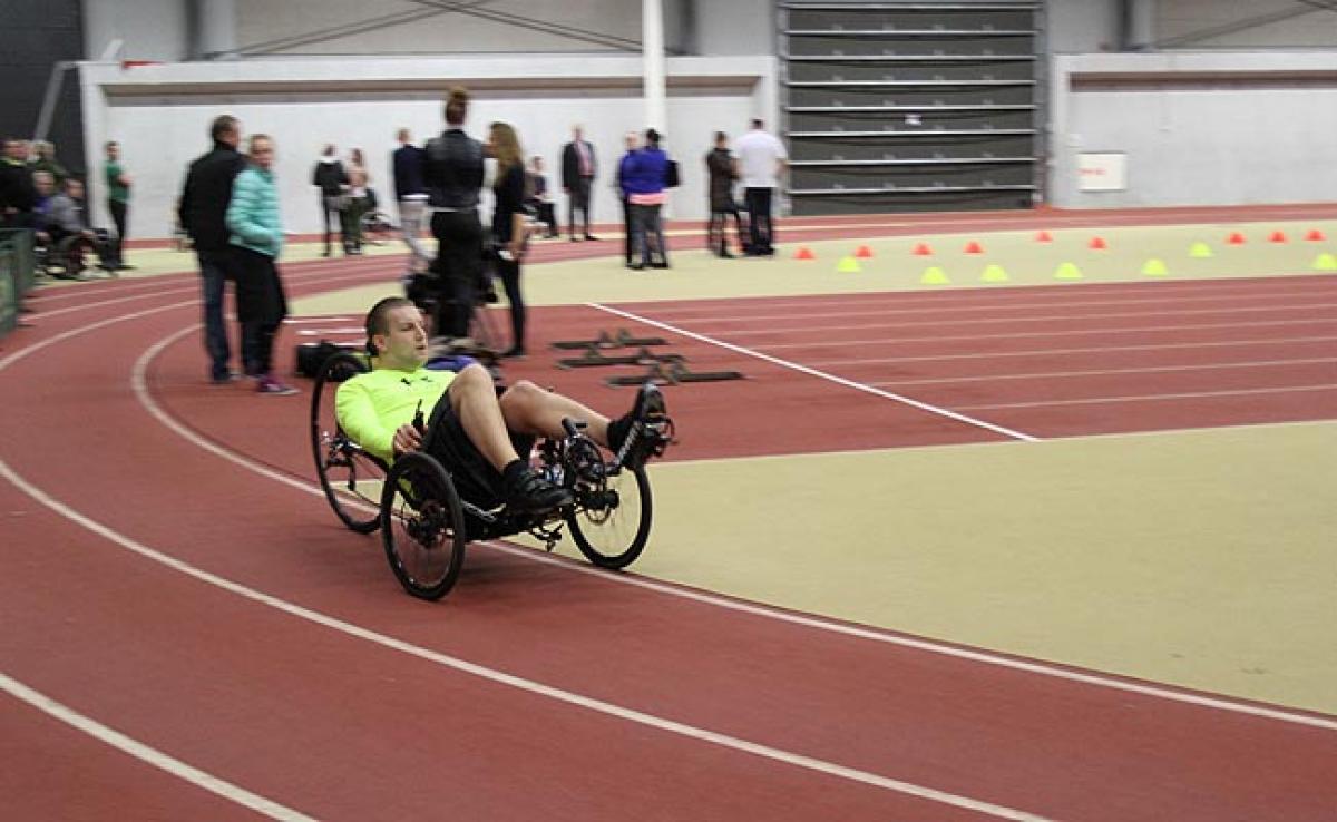 2015 National Paralympic Day Iceland Handcyclist cycling on a track