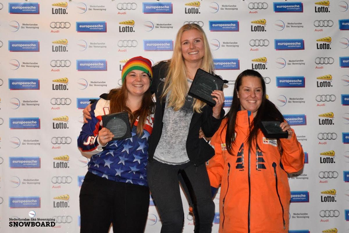 Heidi Jo Duce, Lisa Bunschoten and Enya van Egmond at the IPC Snowboard World Cup in Landgraaf