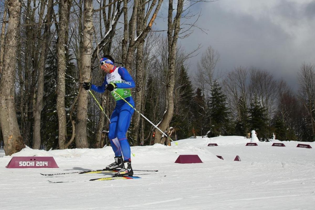 Thomas Clarion of France competes in the 4 x 2.5km Open Relay cross-country at the Sochi 2014 Paralympic Winter Games.