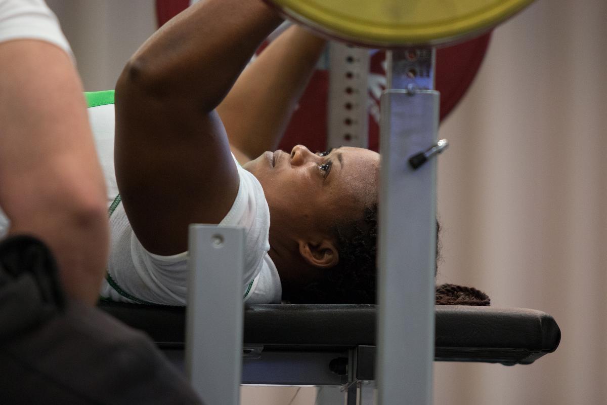 Virginia Azu competes at the 2015 IPC Powerlifting European Open Championships in Eger, Hungary.