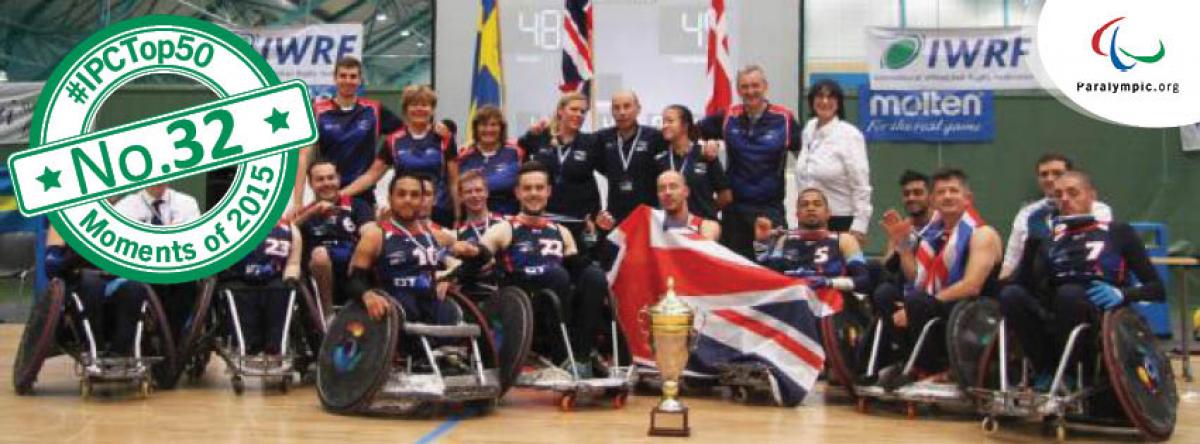 Top 50 moments 2015 - No. 32 British steal Sweden’s European crown with one-point win Group picture of people in wheelchairs, showing a cup