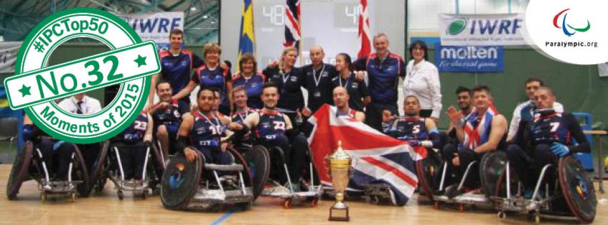 Group picture of people in wheelchairs, showing a cup