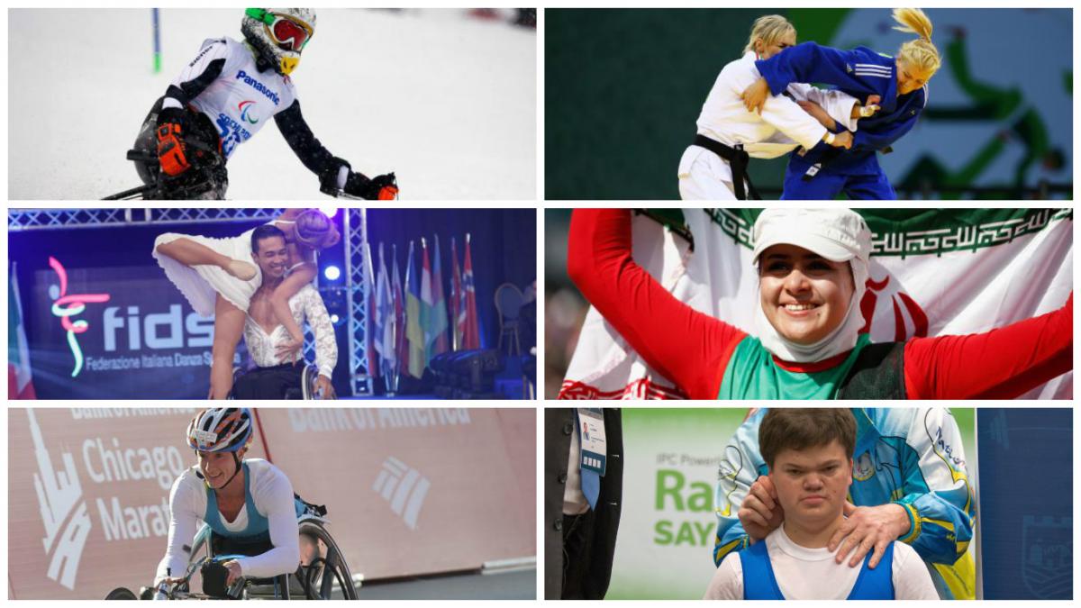 Collage of six photos showing a wheelchair racer, a wheelchair dance sport couple, judoka, powerlifter, sit skier, archer