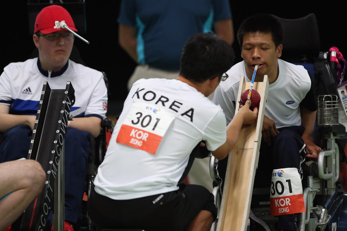 Han Soo Kim Boccia 2 men playing Boccia