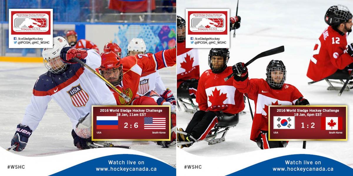 2016 World Sledge Hockey Challenge results Day 2 Two graphics with ice sledge hockey results, illustrated by photos