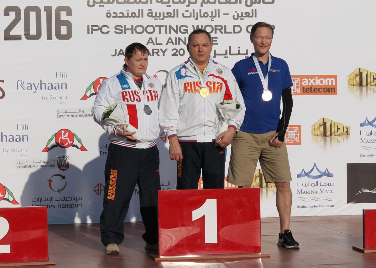 Andrey Lebedinskiy and Alexander Belousov and Joackim Norberg Three para-sport shooters claimed medals in Al Ain, UAE.