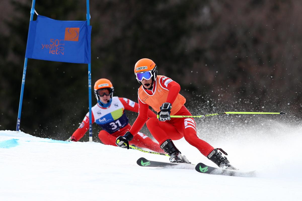 Skier and his guide on a slope