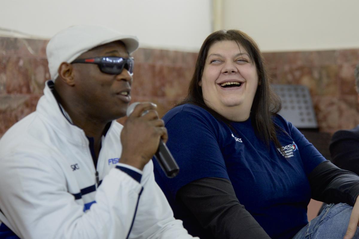 Italian throwers Assunta Legnante and Oney Tapia at the launch of the 2016 IPC Athletics European Championships in Grosseto, Italy.