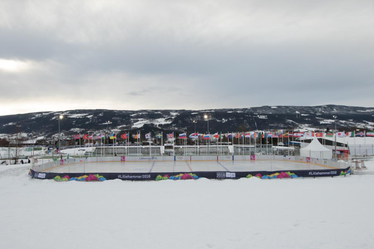 General view on ice stadium in a snowy landscape