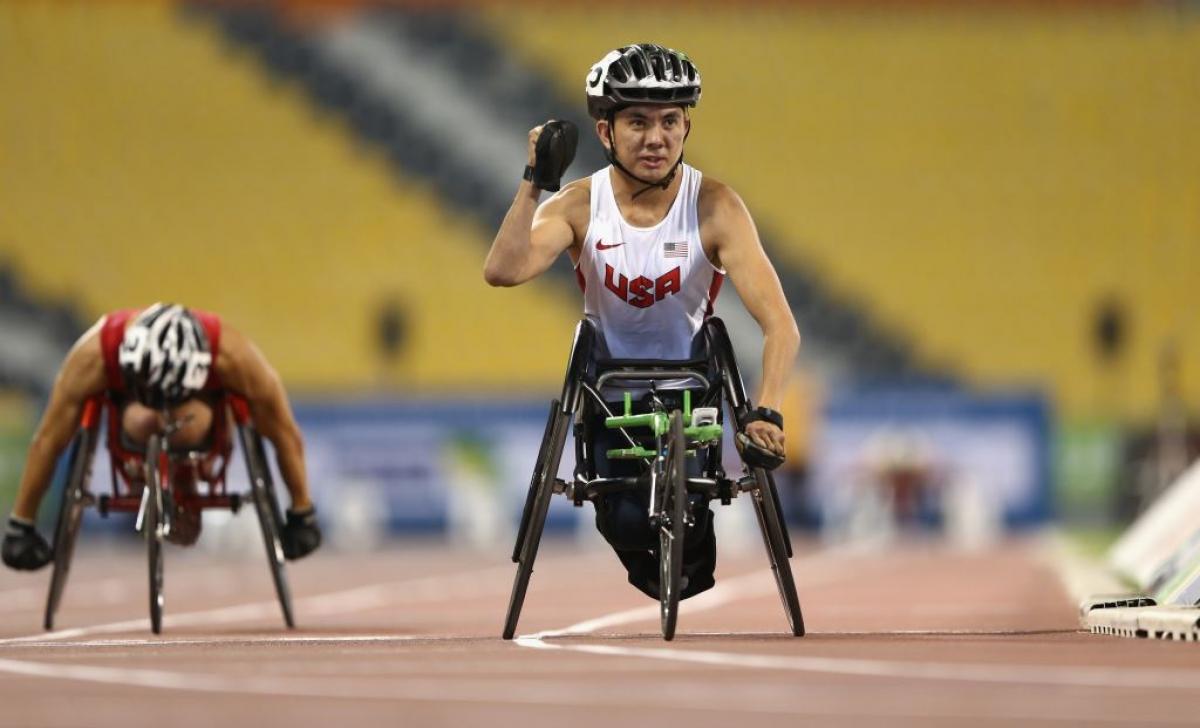 Raymond Martin of the United States wins the men's 1500m T52 final at the 2015 IPC Athletics World Championships in Doha, Qatar