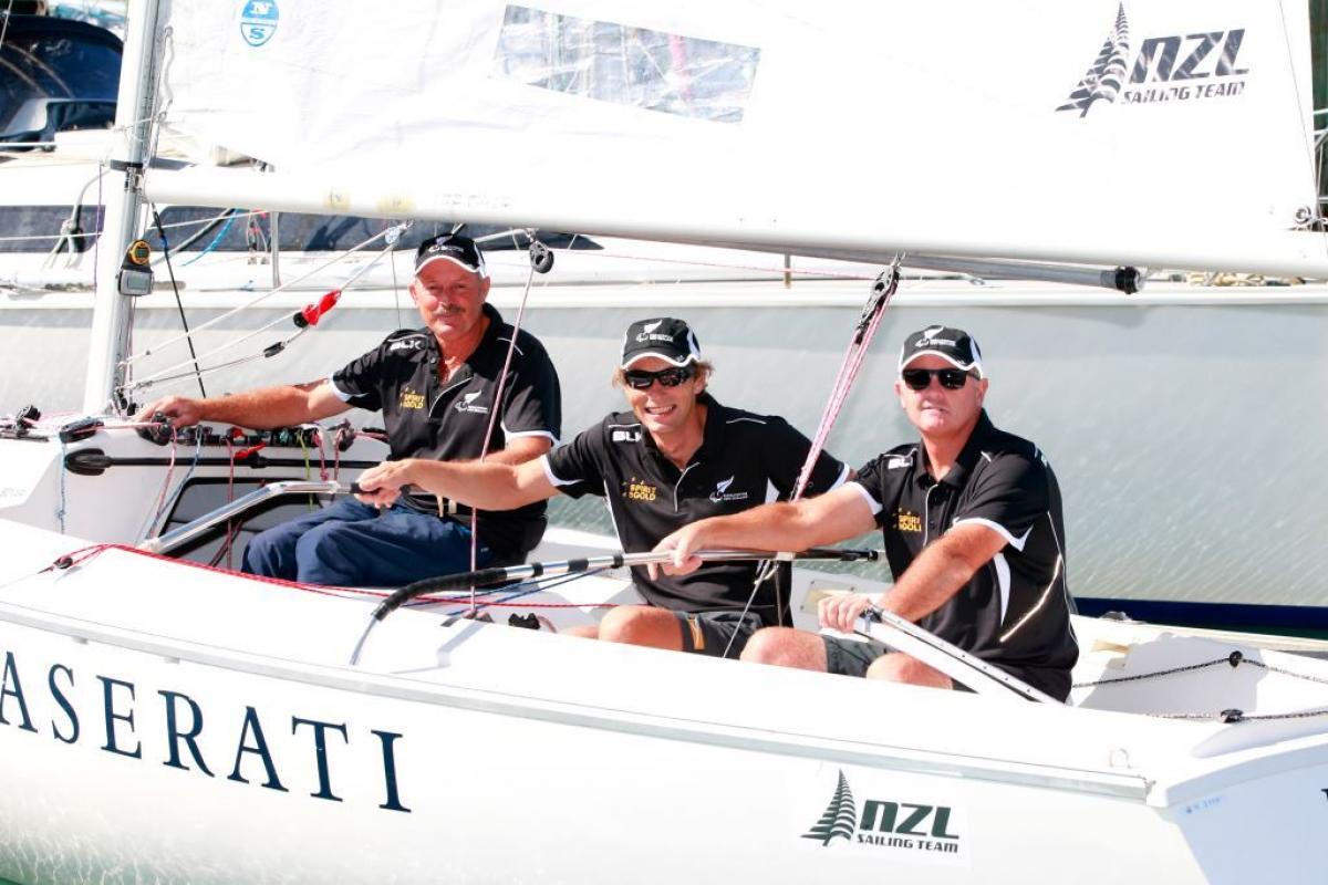 Chris Sharp, Andrew May and Richard Dodson aboard their boat during the New Zealand 2016 Summer Paralympic Team Selection Announcement at the Royal New Zealand Yacht Squadron on March 3, 2016 in Auckland, New Zealand.