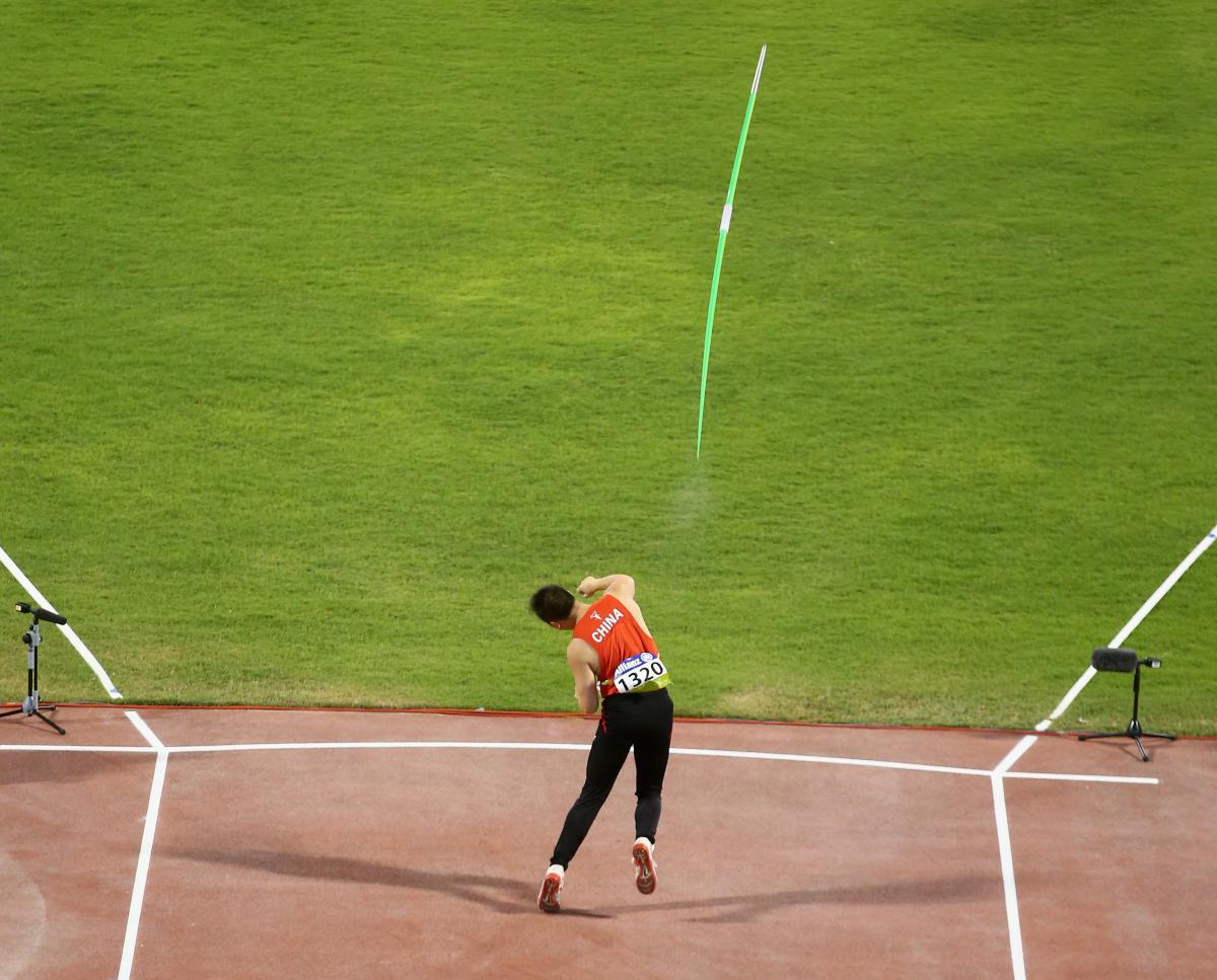 Pengkai Zhu Doha 2015 A para-athlete throws a javelin