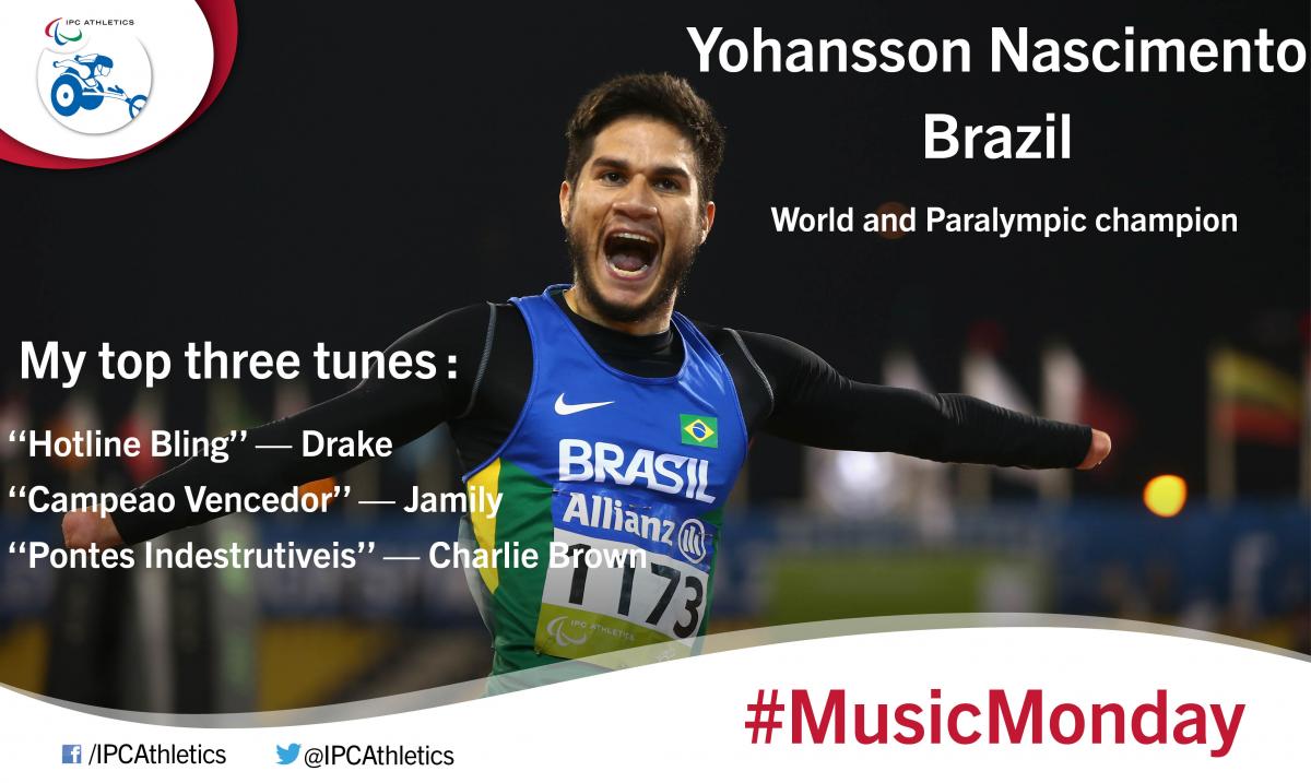 Yohansson Nascimento The Brazilian sprinter gives his three favourite songs: •Campeao Vencedor- Jamily; Pontes Indestrutiveis - Charlie Brown; Hotline Bling – Drake