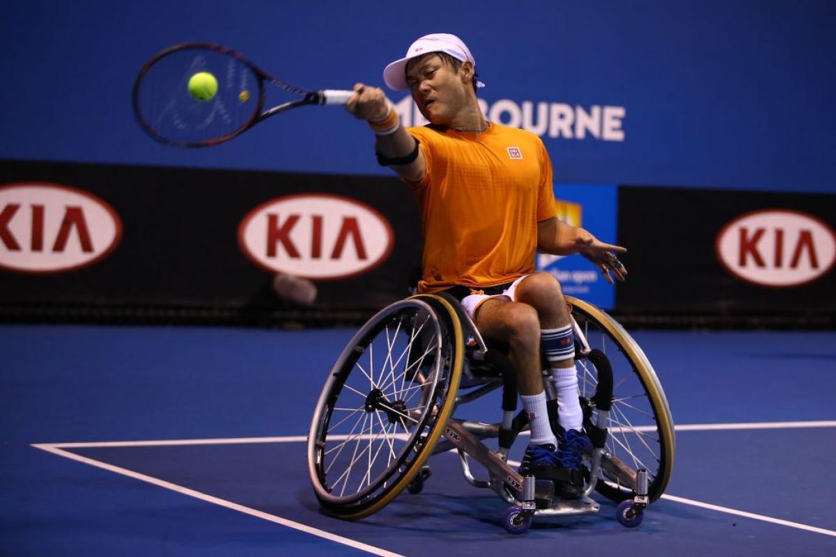 Shingo Kunieda of Japan plays a forehand during the Men's Wheelchair Doubles Final at the Australian Open 2016 Wheelchair Championships.
