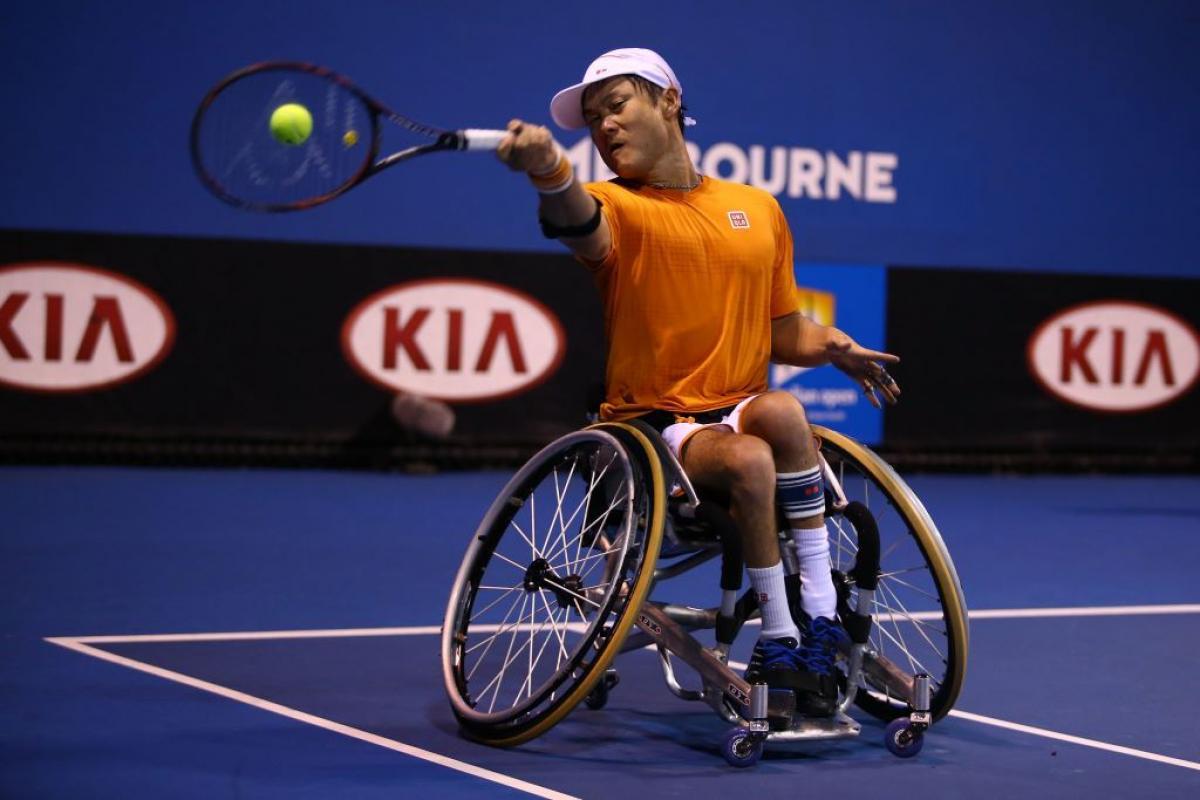 Shingo Kunieda - Australian Open 2016 Wheelchair Championships Shingo Kunieda of Japan plays a forehand during the Men's Wheelchair Doubles Final at the Australian Open 2016 Wheelchair Championships.
