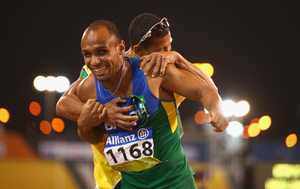 Brazil's Felipe Gomes of Brazil celebrates winning the men's 200m T11 final at the 2015 IPC Athletics World Championships in Doha, Qatar.