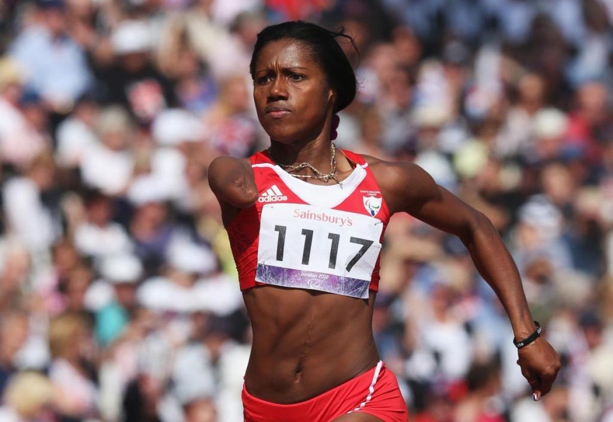 Yunidis Castillo of Cuba competes in the Women's 100m T46 heats at the London 2012 Paralympic Games.