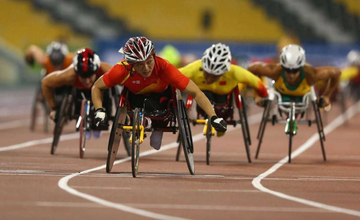 Lihong Zou of China Lihong Zou of China wins the women's 800m T54 final at the 2015 IPC Athletics World Championships in Doha, Qatar.