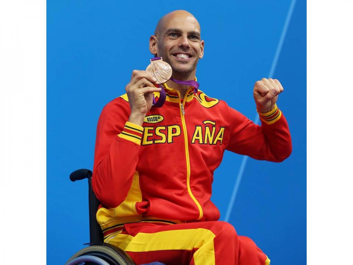 Richard Oribe of Spain Bronze medallist Richard Oribe of Spain poses on the podium during the medal ceremony for the Men's 200m Freestyle - S4 final at the London 2012 Paralympic Games.