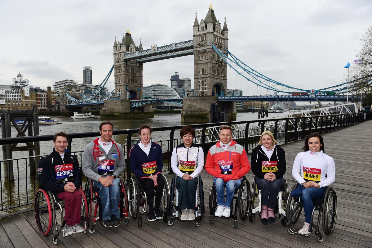 Virgin Money London Marathon 2016 The USA's Joshua George, Switzerland's Marcel Hug, the USA's Tatyana McFadden, Jpana's Wakako Tsuchida and the British trip of David Weir, Shelly Woods and Jade Jones attend a photocall ahead of the 2016 Virgin Money London Marathon.