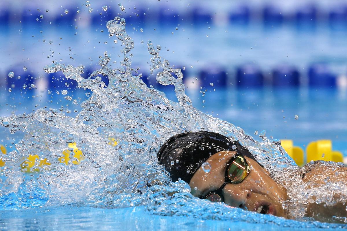 Close up of a swimmer's face in the water