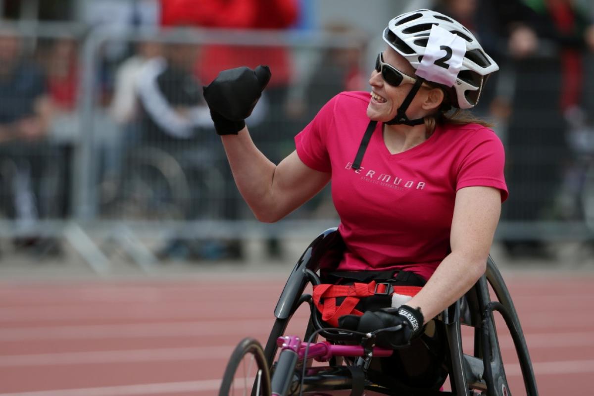 Jessica Lewis of Bermuda reacts after her 800m race during the 2015 ParAthletics Grand Prix in Nottwil, Switzerland.