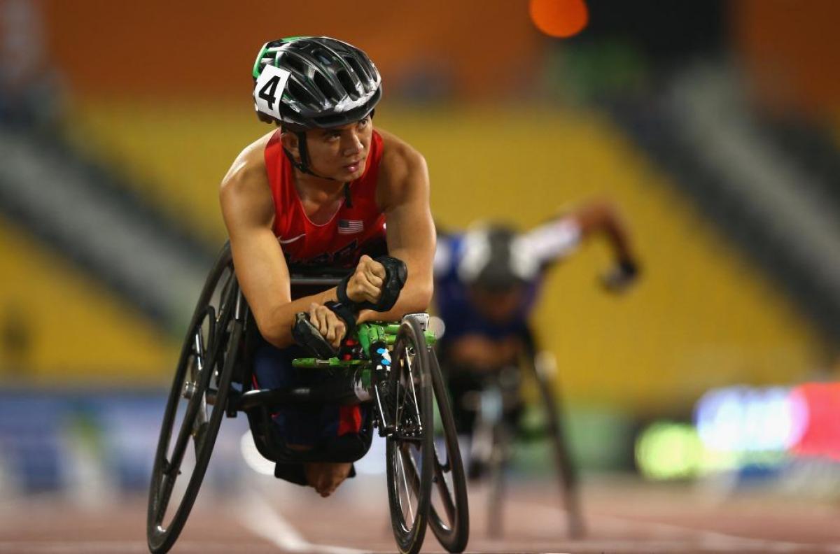 Raymond Martin of the United States competes in the men's 100m T52 heats at the 2015 IPC Athletics World Championships in Doha, Qatar. 