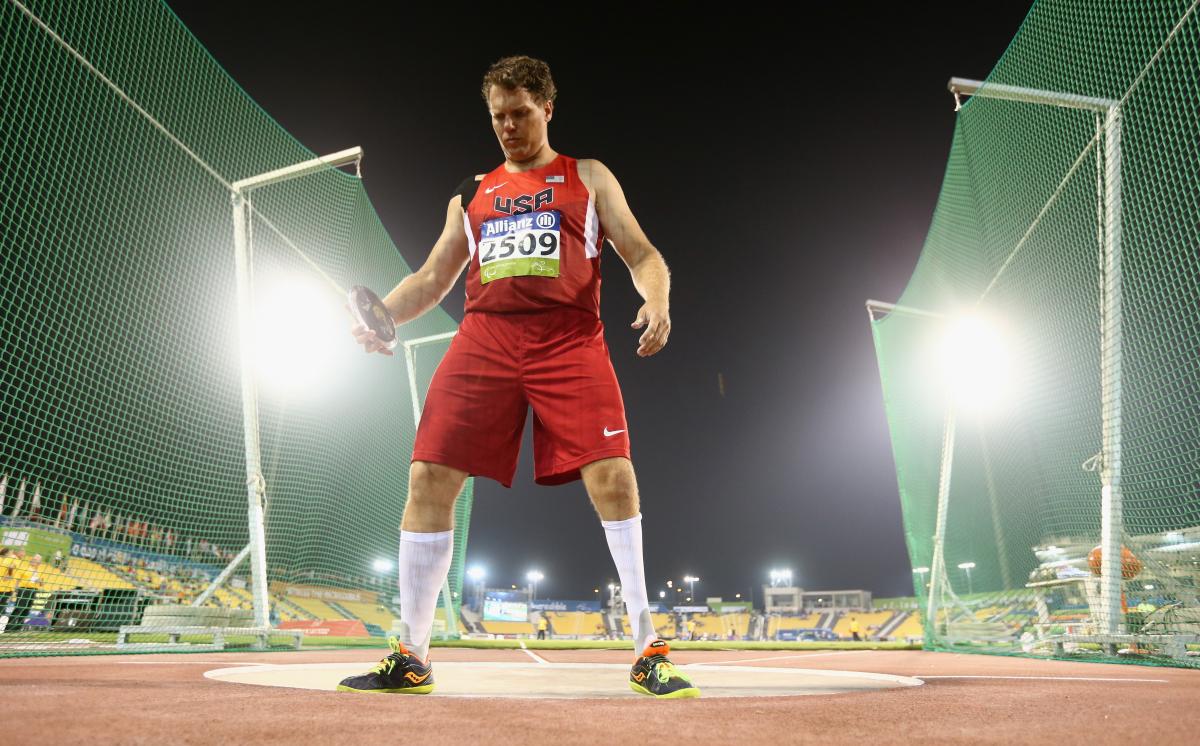 The USA's David Blair in action during the men's discus F44 final at the 2015 IPC Athletics World Championships  in Doha, Qatar.