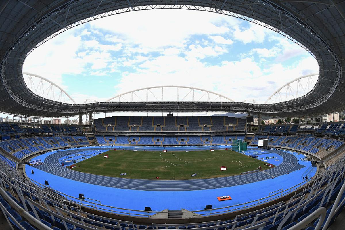 View on an empty stadium with a blue track