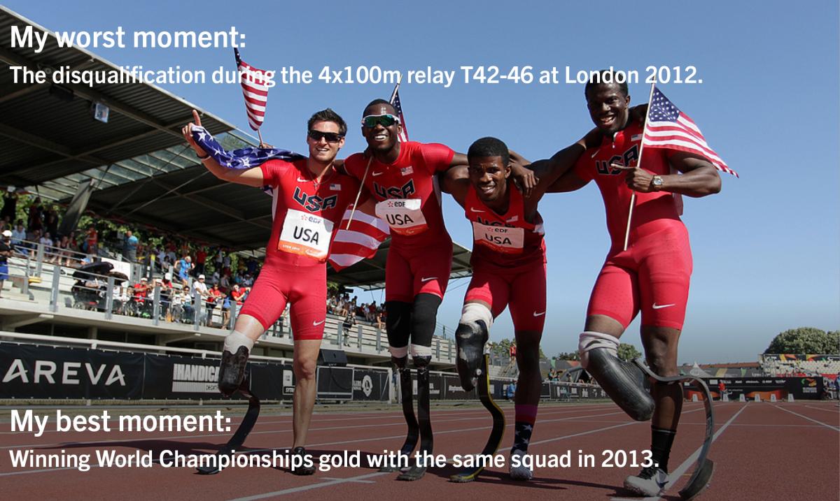 Four men with prosthesis celebrate on a track with USA flags