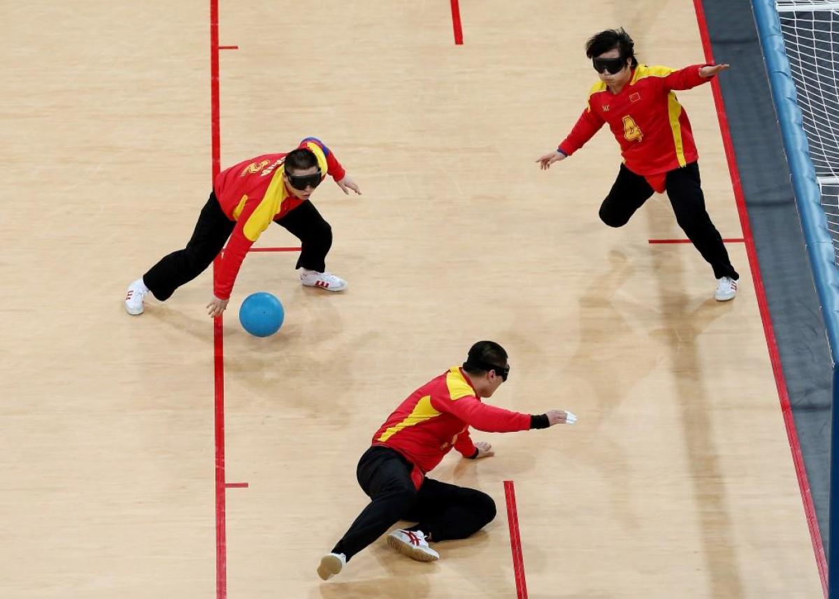 Team China in action during the Men's Group B Goalball match between China and Iran at the London 2012 Paralympic Games.