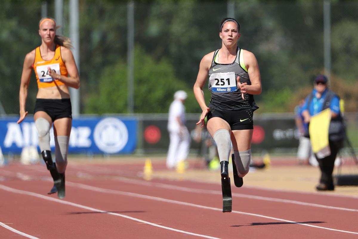 The Netherlands' Marlou van Rhijn on her way to breaking the 100m T43 world record at the 2016 Nottwil Grand Prix.