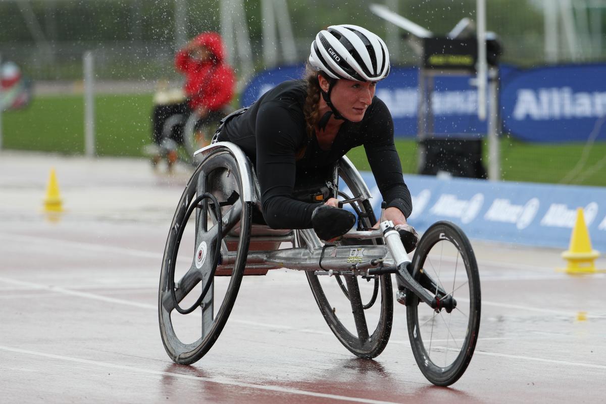 Tatyana McFadden Tatyana Mcfadden competes in torrential rain at the 2016 IPC Athletics Grand Prix in Nottwil, Switzerland.