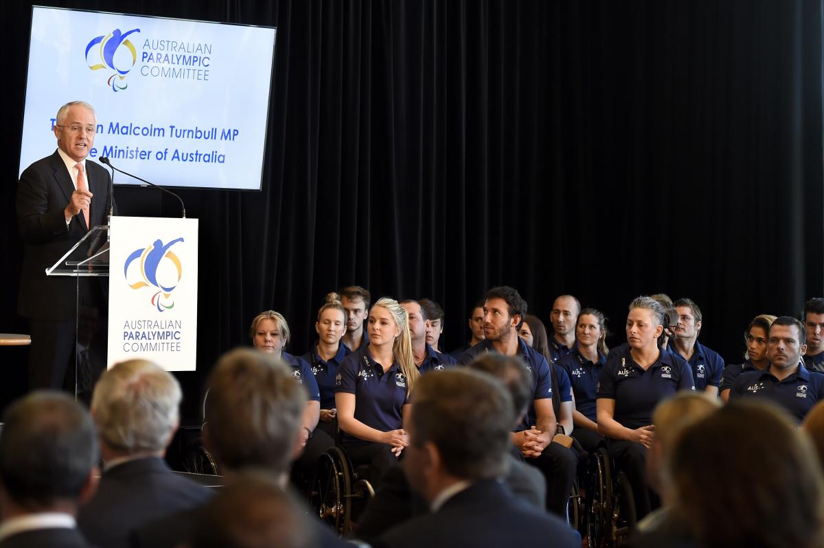 The Prime Minister of Australia, Malcolm Turnbull addressing 2016 Australian Paralympic Team members.