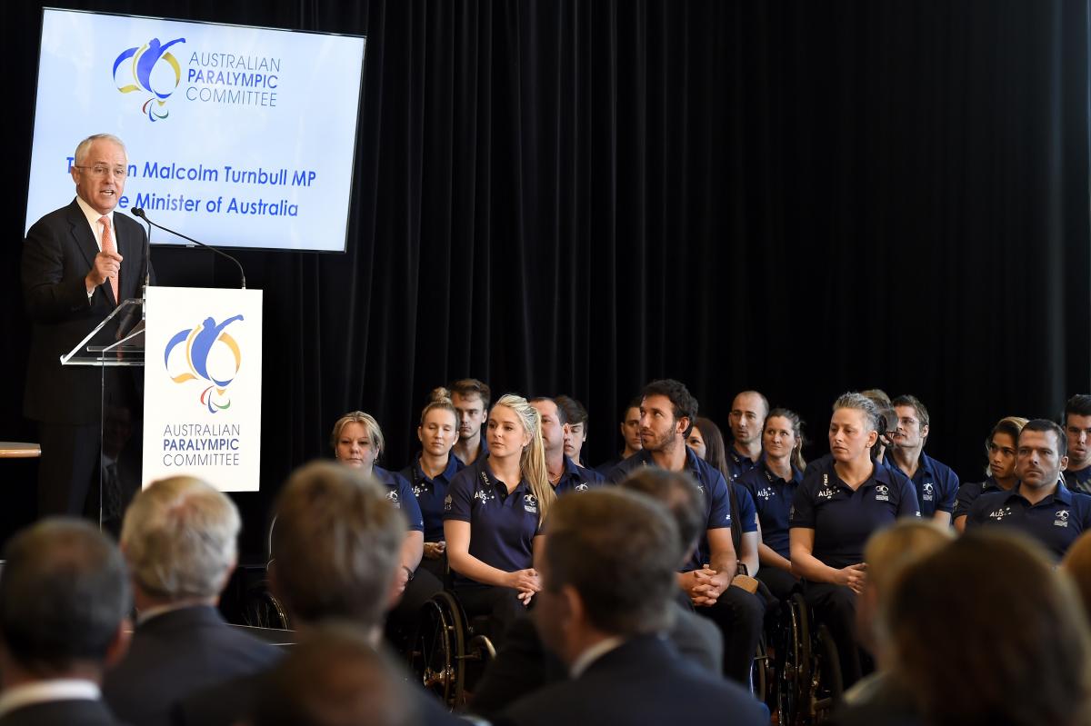 Australian Paralympic Team officially launched for Rio 2016 The Prime Minister of Australia, Malcolm Turnbull addressing 2016 Australian Paralympic Team members.