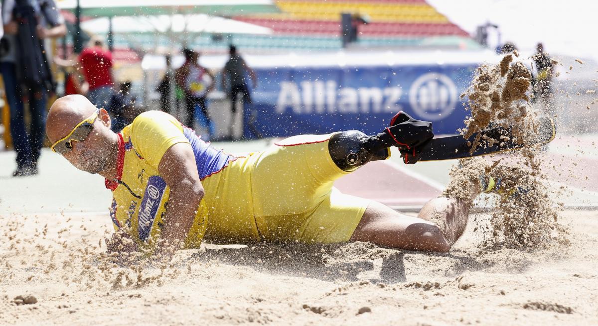 Japan's Atsushi Yamamoto competes in the long jump at the 2016 IPC Athletics Grand Prix in Berlin.