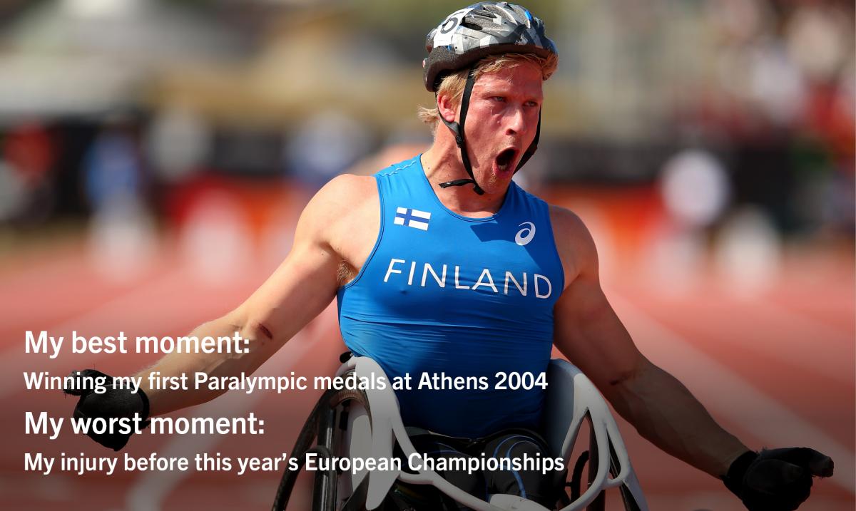 Photo of a wheelchair racer celebrating with text: My best moment: Winning my first Paralympic medals at Athens 2004 My worst moment:My injury before this year’s European Championships