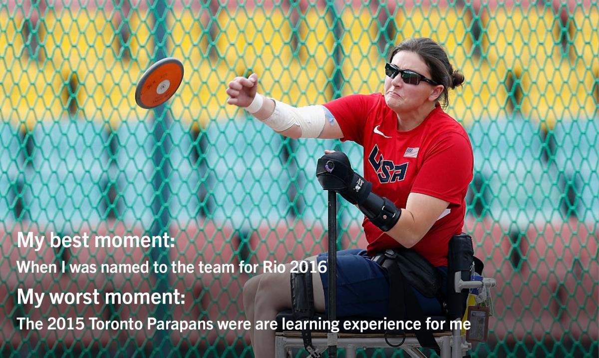 Woman sitting on a chair, throwing a discus