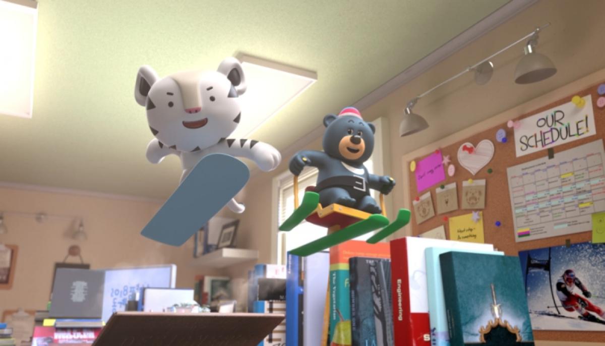 PyeongChang 2018 mascots - animated video PyeongChang 2018 mascot white tiger on a snowbaord and Asiatic black bear on a sit-ski.