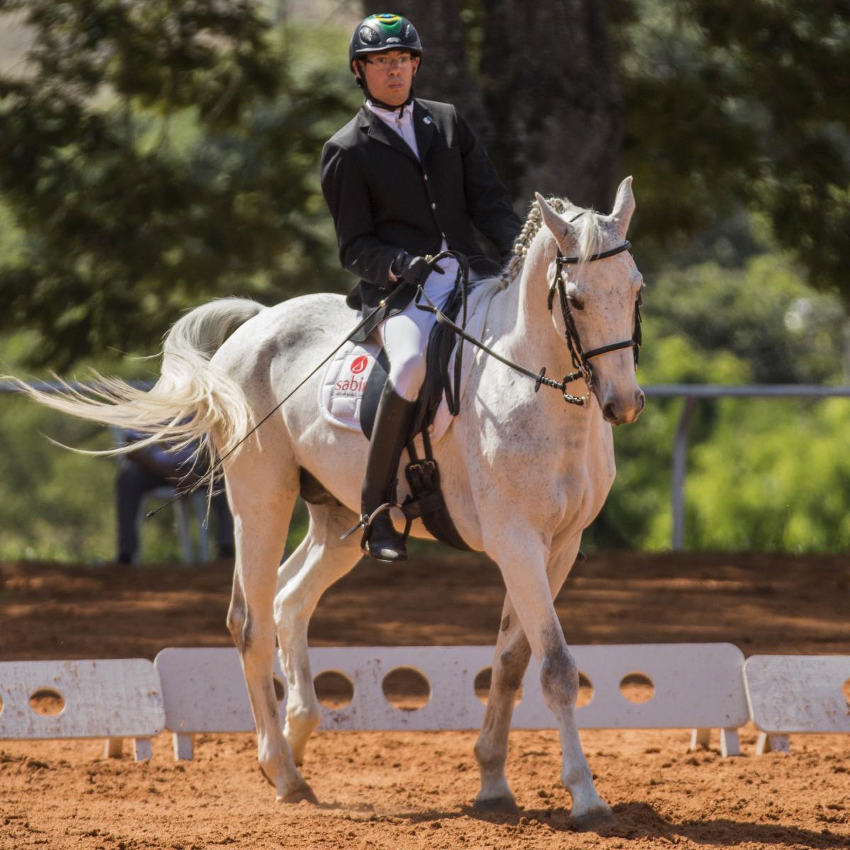 Man ridings on a white horse. 