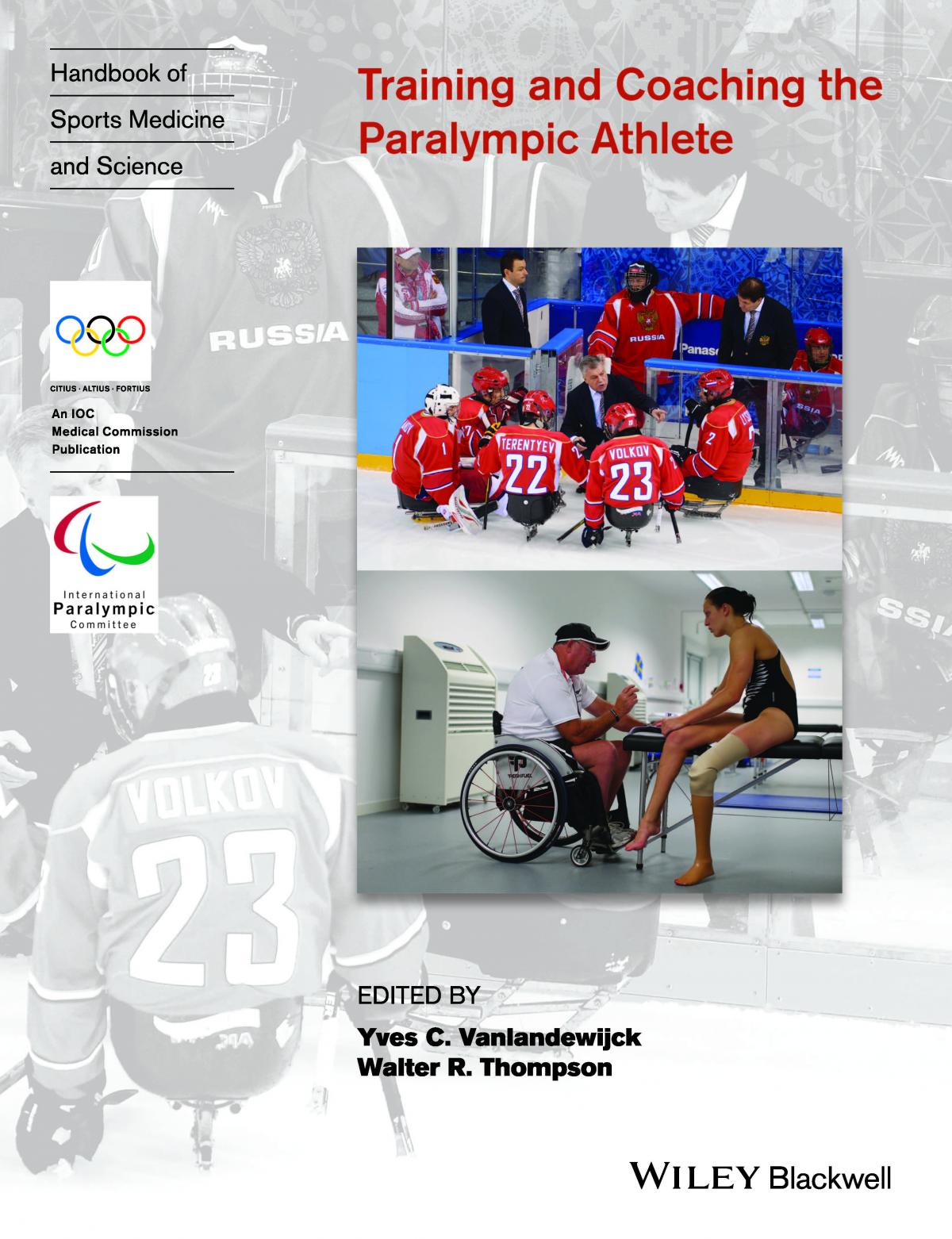 Book cover "Training and Coaching the Paralympic Athlete" Book cover with images of Paralympic athletes and their coaches