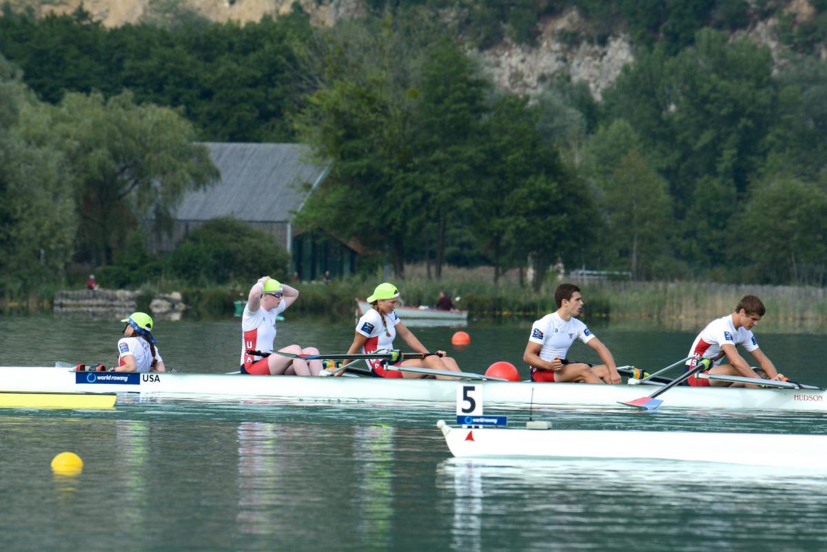 USA's LTA4+ rowing team at the 2015 World Rowing Championships.