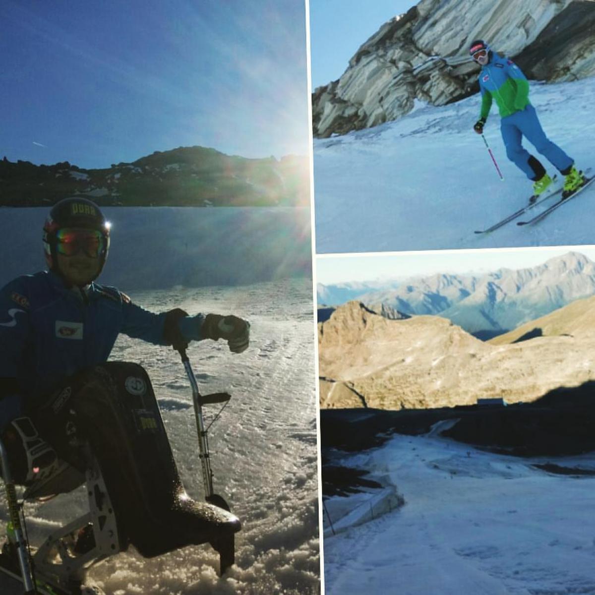 Collage of photos taken on snow, with two skiers (one in sit ski)