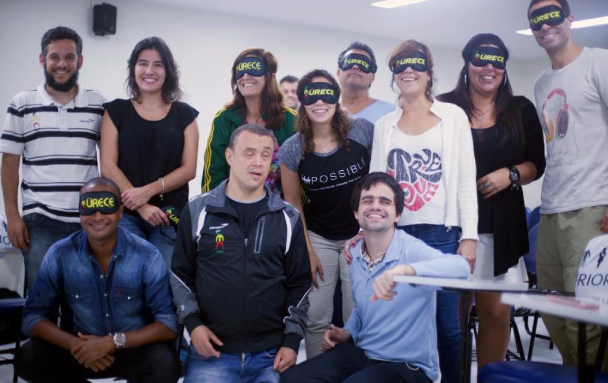 Descriptive commentators for the blind Rio 2016 Paralympic integration specialist Marcos Lima (seated, right) is helping to train the descriptive commentators.