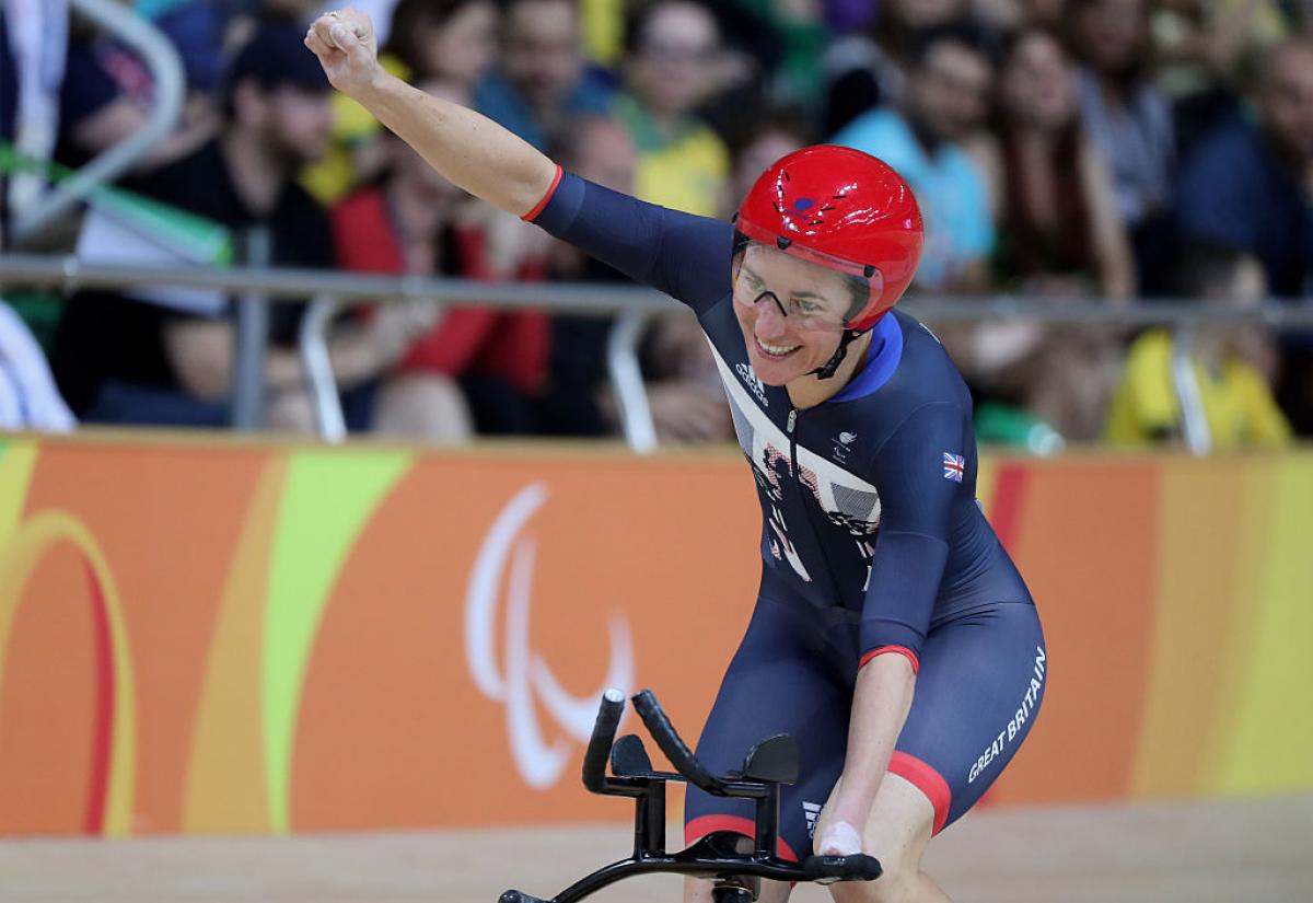 Sarah Storey of Great Britain celebrates after the womens C5 3000m individual pursuit track cycling on day 1 of the Rio 2016 Paralympic Games